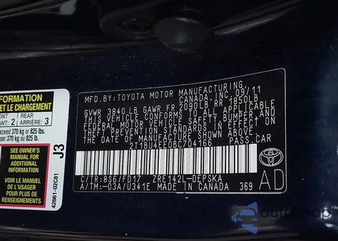 2011 Toyota Corolla S z USA, uszkodzony, nr VIN 2T1BU4EE0BC704166